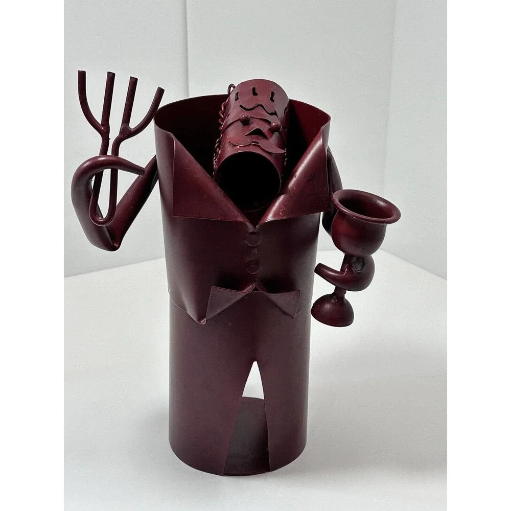 Metal Wine Bottle Holder Waiter Wearing Hat‎ & Tux Ready to Serve , Deep Maroon